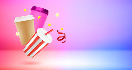 Coffee cups with confetti. 3d vector banner with copy spaceのイラスト素材
