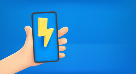 Man holding smartphone with thunderbolt icon. 3d vector banner with copy spaceのイラスト素材
