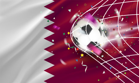 The ball in the soccer net. Goal vector concept with flag of Qatar. 3d vector banner with copy spaceのイラスト素材