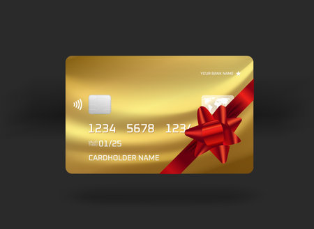 Golden banking card with present ribbon. 3d vector illustrationのイラスト素材