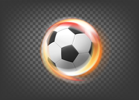 Spinning flaming soccer ball isolated on trandparent. 3d vector illustration with flame effectのイラスト素材
