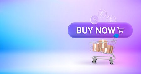 Buy now concept with button and shopping trolley. Vector 3d banner with copy spaceのイラスト素材