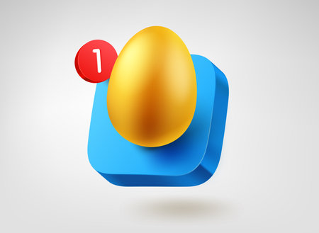 Golden easter egg on blue button. 3d vector mobile application iconのイラスト素材