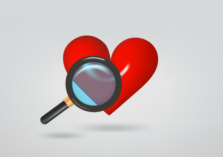 Heart symbol with magnifier. 3d vector illustrationのイラスト素材