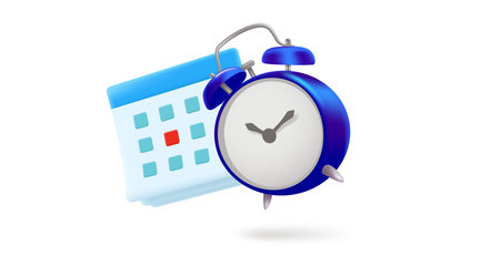 Blue alarm clock with calendar. 3d vector illustration