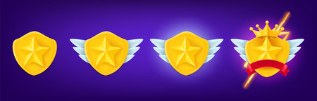Different rank emblems. Golden game achievement badge collection. 3d clipartのイラスト素材