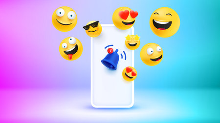 Modern smartphone with emojis. New messages concept. vector 3d bannerの写真素材