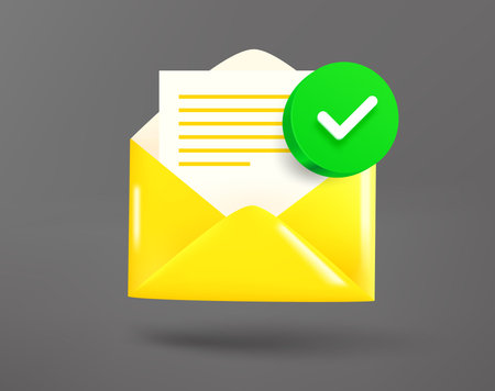 Yellow envelope with paper sheet with green checkmark. 3d vector iconのイラスト素材