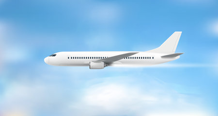 Flying modern airplane flying in cloudy sky. Air travel concept. 3d vector illustrationのイラスト素材