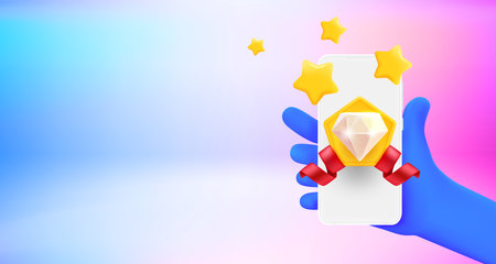 Award gem on smartphone screen. 3d vector banner with copy spaceのイラスト素材