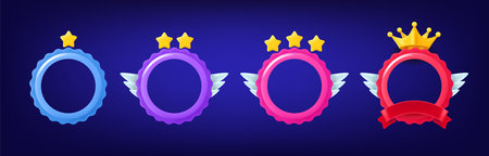 Different rank emblems with empty circle frames. Game achievement badge collection. 3d clipartのイラスト素材