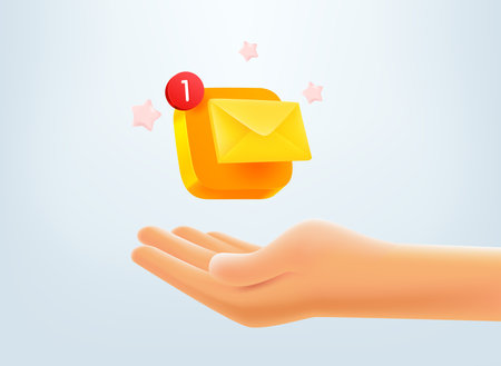 New email letter concept. Hand with envelope button. 3d vector mobile application iconのイラスト素材