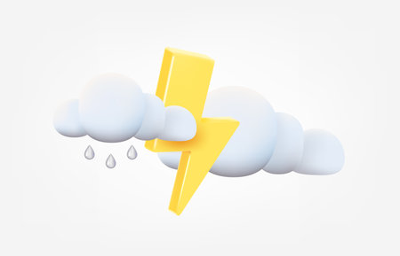 Thunderbolt with rain clouds weather concept. Forecast 3d vector illustration isolated on white backgroundのイラスト素材