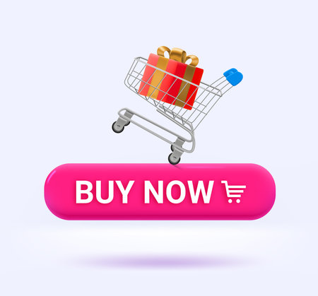 Buy now concept with button and shopping trolley. 3d vector illustrationのイラスト素材