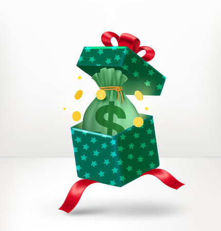 Open gift box with money bag with gold coins. 3d vector illustrationのイラスト素材