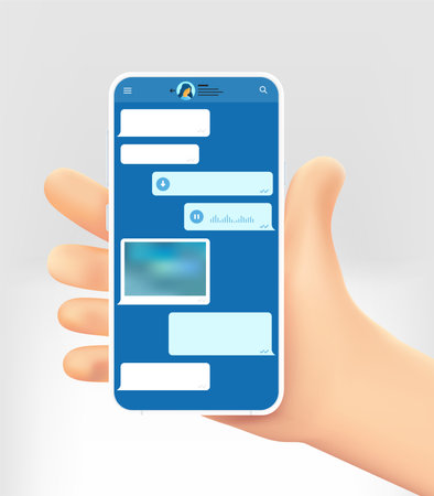 Cartoon hand holding modern smartphone with messaging application. world travel concept. 3d vector illustrationのイラスト素材