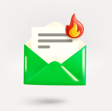 New mail icon with bonfire. Hot message concept. 3d vector icon isolated on white backgroundのイラスト素材