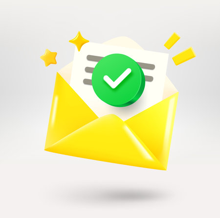 Yellow paper envelope with green checkmark on white background. No viruses cincept. 3d vector icon isolated on whiteのイラスト素材
