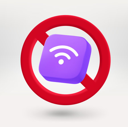 Wireless connection icon in red circle with crossed line. No wireless connection concept. 3d vector iconのイラスト素材