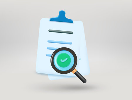Searching information concept with paper sheets and magnifier. 3d vector illustrationのイラスト素材