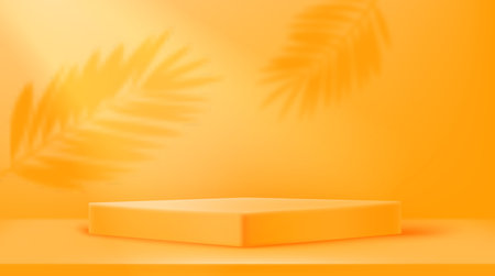 Empty illuminated room with square platform and shadows of leaves on the wall. Realistic 3d style vector illustrationのイラスト素材