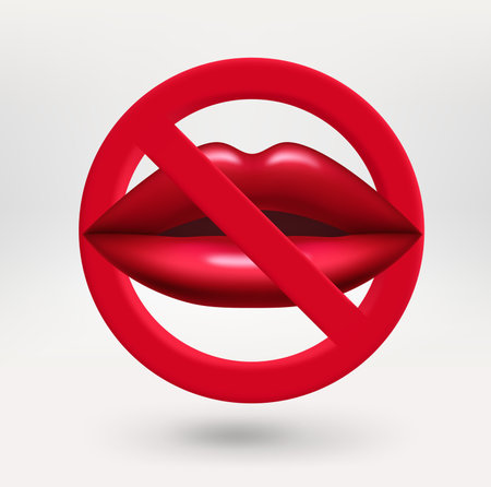 Red lips icon in red circle with crossed line. No kiss concept. 3d vector iconのイラスト素材