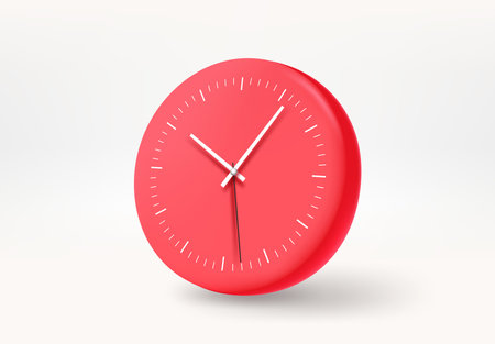 Red clock with white arrows. 3d vector illustration