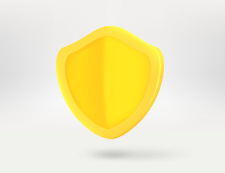 Golden shield isolated on white background. 3d vector illustrationのイラスト素材