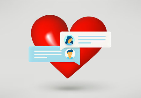 Red heart with speech balloons. Dating via internet concept. 3d vector illustrationのイラスト素材