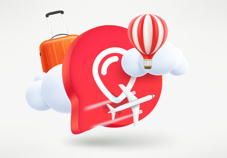 Speech cloud with map pin, bag, balloon and clouds. travel concept. 3d vector illustrationのイラスト素材