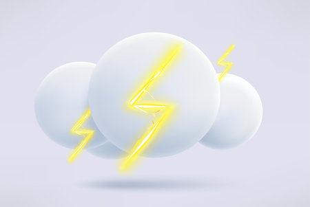 Gray stormy cloud with thunderbolt cartoon 3d style vector illustration isolated on white backgroundのイラスト素材