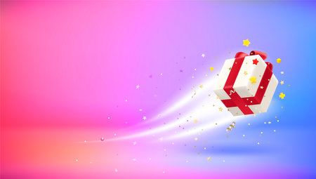 Glowing gift box with confetti. 3d vector banner with copy spaceのイラスト素材