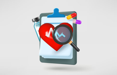 Medical report with anamnesys, heart, pills, magnifying glass, and vial. health care concept. 3d vector illustrationのイラスト素材