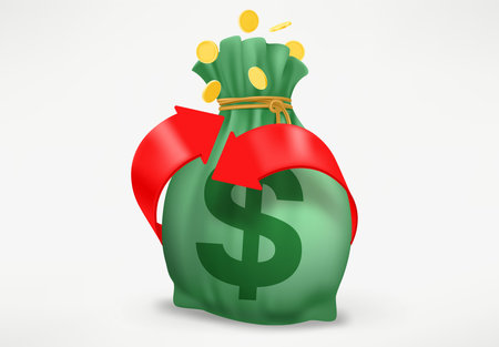 Cashback concept with arrows and full sack of money. 3d vector illustrationのイラスト素材