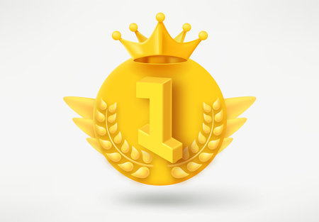 Golden game rank emblem with number 1 and wings. Game achievement 3d badge isolated on white backgroundのイラスト素材