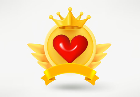 Golden game rank emblem with heart. Game achievement 3d badge isolated on white backgroundのイラスト素材