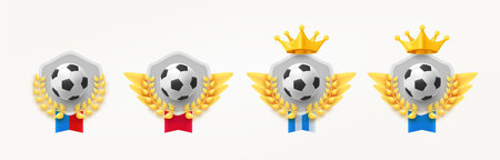 Different soccer club emblems with ball flags. Game achievement badge collection. 3d vector clipart isolated on white backgroundのイラスト素材
