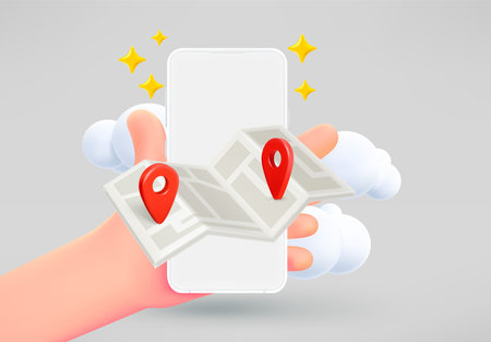 Travel concept with smartphone in a hand, map and pins. 3d vector illustrationのイラスト素材