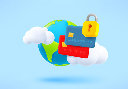 Global payment concept with plastic cards, padlock and the Earth. 3d vector illustrationのイラスト素材