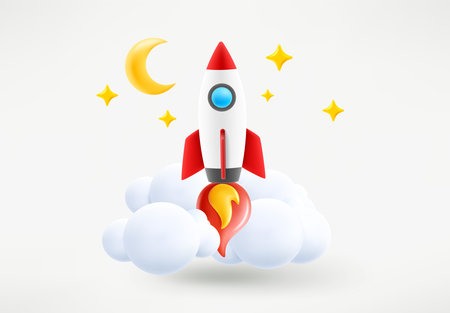 spaceship launching. Start up concept. 3d vector illustrationのイラスト素材