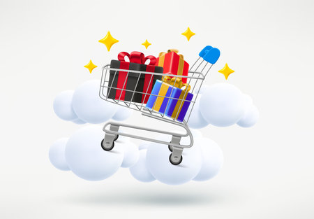 Shopping trolley with gift boxes. shopping concept. 3d vector illustrationのイラスト素材