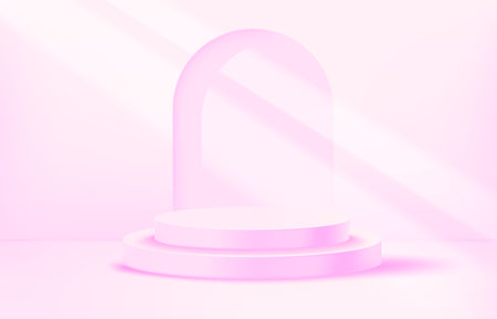Bright illuminated pink pastel room with portal and podium. showcase template. 3d vector backgroundのイラスト素材