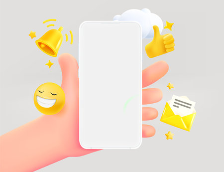 Digital communication concept. Hand holding smartphone. 3d vector illustrationのイラスト素材