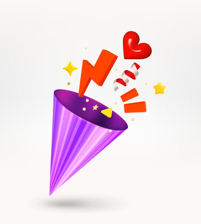 Violet cone with confetti. Surprise concept. 3d vector illustrationのイラスト素材