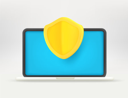 Modern laptop with shield. Computer security concept. 3d vector illustrationのイラスト素材
