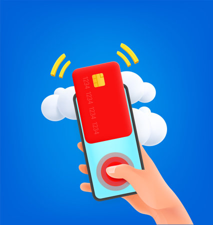 Man using credit card for payment via smartphone. 3d vector illustrationのイラスト素材