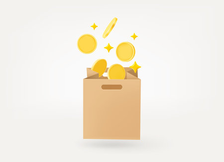 Shopping bag with gold coins. Pay for products concept. 3d vector illustrationのイラスト素材