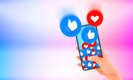 Thumb up and heart social media reaction 3d buttons falling to the smartphone. 3d vector banner with copy spaceのイラスト素材