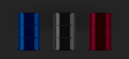 Different color metal barrel icons collection. 3d vector isolated on black backgroundのイラスト素材