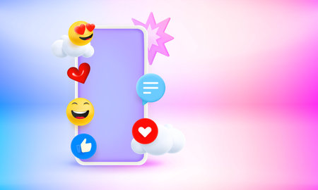 Modern smartphone with social media elements and blank screen. 3d vector banner with copy spaceのイラスト素材